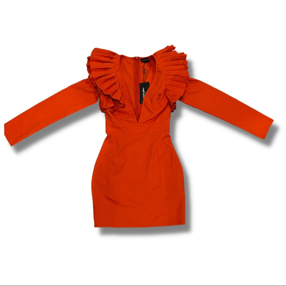 PLT Bright Orange Pleated Shoulder Long Sleeve Plunge Bodycon Dress